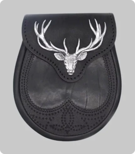 Black Stag Head Leather Sporran