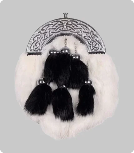 Chrome Celtic Cantle White Rabbit Sporran With 6 Black Fur Tassels