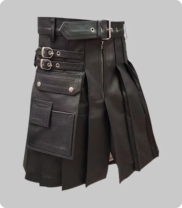 Men Genuine Black Leather Gladiator Pleated Utility LARP Kilt