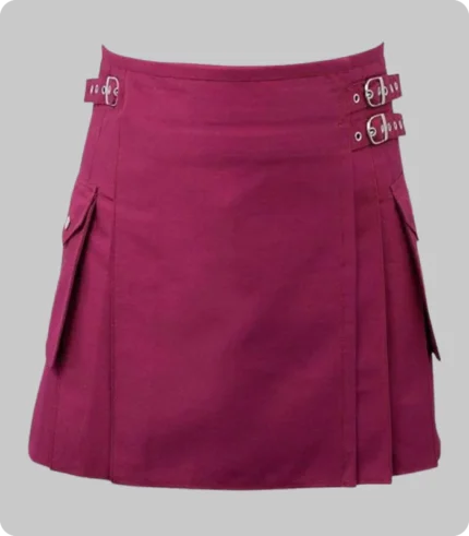 women's cotton jeans utility kilt in maroon color